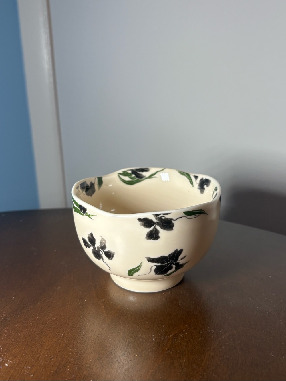 Cream Ceramic Decorative Bowl with Black Floral Design